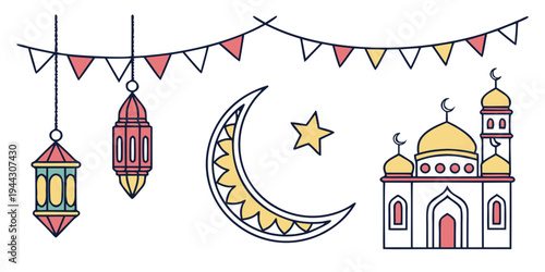 Illustration of islamic symbols including mosque, crescent moon, star and lanterns