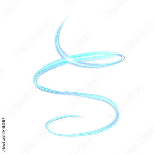 A glowing blue light trail with a smooth vortex curve and a soft transparent aura. An abstract glowing vortex effect isolated on a white background for futuristic overlays, motion graphics