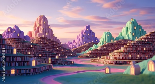 Enchanted Library Mountains A Whimsical Fantasy Landscape with Towering Book Structures, Serene Paths, and a Pastel Twilight Sky