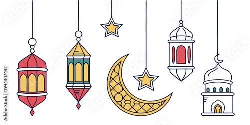 Colorful lanterns, stars, crescent moon, and mosque illustration for eid celebration