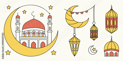Vibrant illustration of a crescent moon, mosque, and lanterns celebrating eid festivities