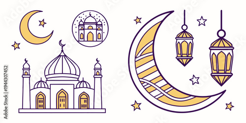 A collection of islamic symbols including a mosque, crescent moon, star, and lanterns