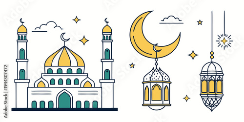 A mosque with domes and minarets surrounded by crescent moons and lanterns