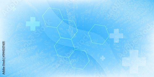 Blue healthcare background with plus signs and molecules. Suitable for medical presentations, healthcare websites, or scientific research articles. Stock vector illustration.