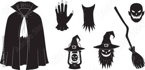 Halloween icons and symbols in black and white color
