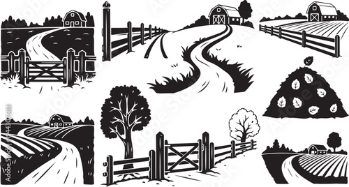 Rural landscape illustrations with fences and fields in black