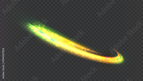 A glowing yellow-green light trail with sparkling particles and a curved flow of movement. A magical glowing vortex on a dark background for imaginative overlays and dynamic designs.
