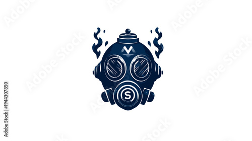A stylized gas mask in shades of blue, with a symbol above the lenses, surrounded by white space