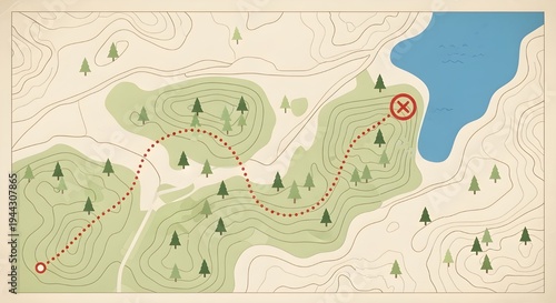 Stylized Adventure Map Illustrating a Journey to a Marked Destination in Nature with a Winding Path