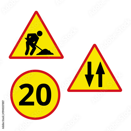 Men at work, speed limit, both directions yellow and red road construction signs isolated on a white background