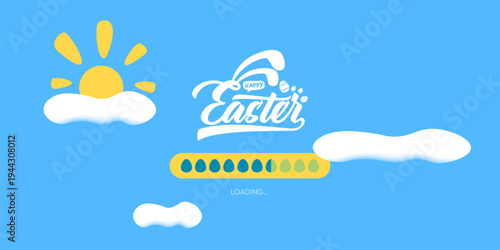 Happy Easter loading bar horizontal banner. Easter Cute progress indicator with egg shapes on blue sky background with sun and clouds. Digital greeting for video channel and web interface. Vector art.