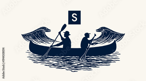Silhouetted illustration of two people in a canoe paddling through wavy water with the letter 'S' above