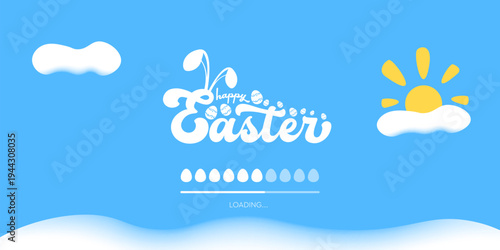 Happy Easter loading bar horizontal banner. Easter Cute progress indicator with egg shapes on blue sky background with sun and clouds. Digital greeting for video channel and web interface. Vector art.