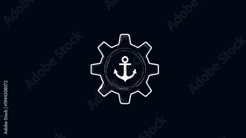 A white anchor symbol encased within a stylized gear on a navy blue background