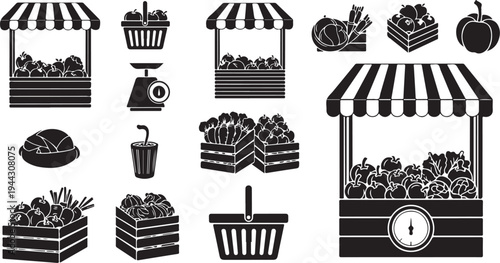 Black and white illustration of a farmers market stand