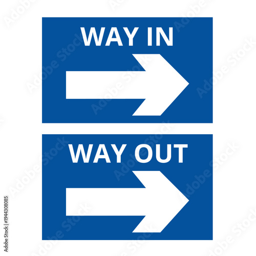Way in and way out blue and white directional sign isolated on white background