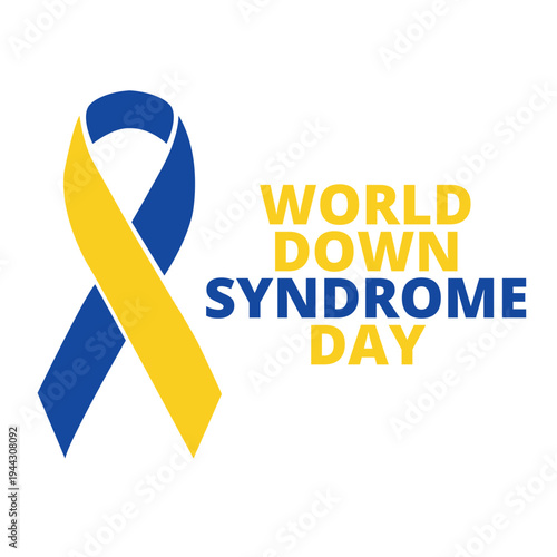 World down syndrome day banner with a blue and yellow ribbon isolated on a white background
