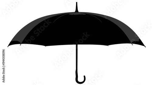 A black, open umbrella silhouetted against a white background. It's a simple, graphic representation