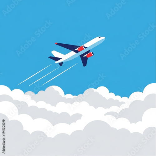 Airplane Flying Through Clouds with Contrails.