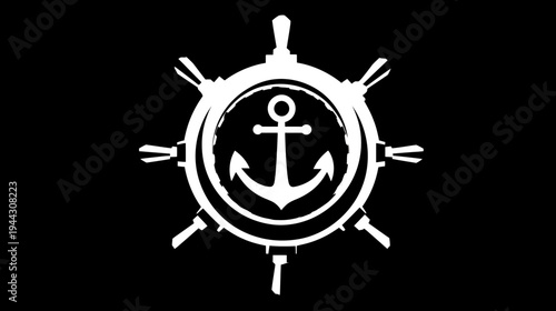 Stylized, white nautical design against a solid black background. Central anchor within ship wheel