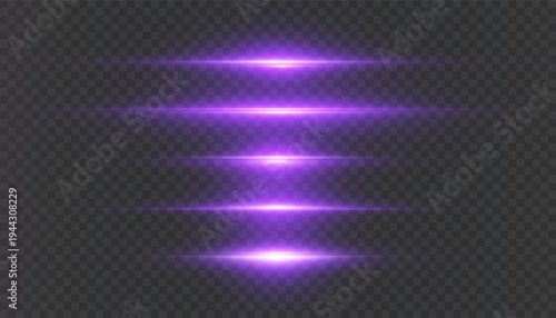 Bright horizontal purple light on a dark background. Vector horizontal light flares for cinematic lighting transitions.