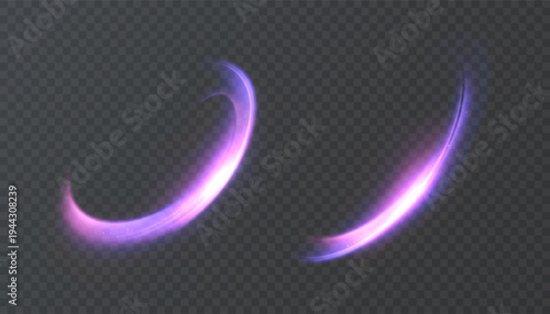 Bright swirling effects of a purple light trail with bright flickers and glare. Vector light effect for design and illustrations, isolated on a dark background.