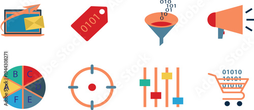 Digital Marketing and E Commerce Icon Set with Email Campaign, Price Tag, Data Funnel, Target Audience, Analytics Charts and Online Shopping Vector Illustration