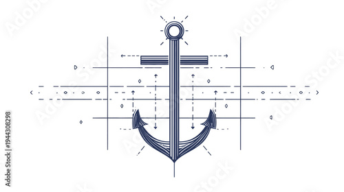 Stylized, symmetrical drawing of an anchor, with crosshairs and decorative dashed lines