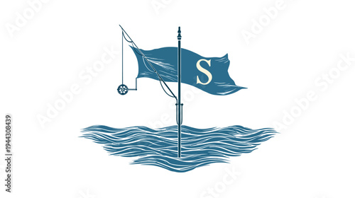 Illustration features a flag with the letter "S" on it. A fishing rod is attached to the flag
