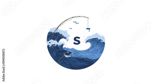 Circular graphic showing fish, waves, fishing rod and fish. Letter S in the center. Birds