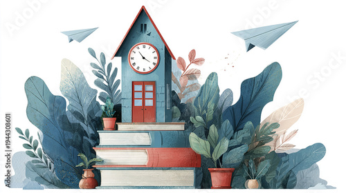 Book and Clock Tower Themed Illustration