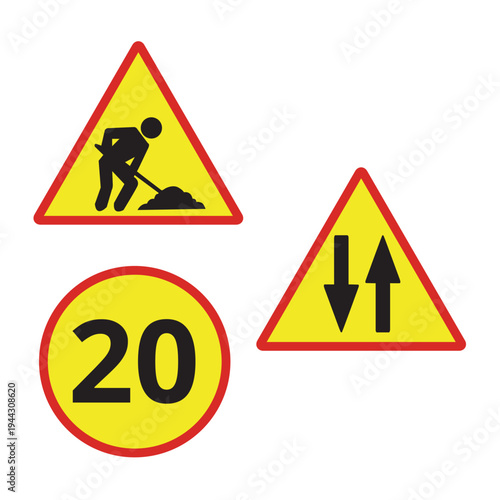 Men at work, speed limit, both directions yellow and red road construction signs isolated on a white background