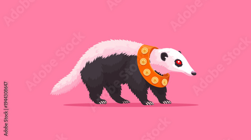 A stylized black and white animal with a pink background, wearing an orange collar with gold embellishments