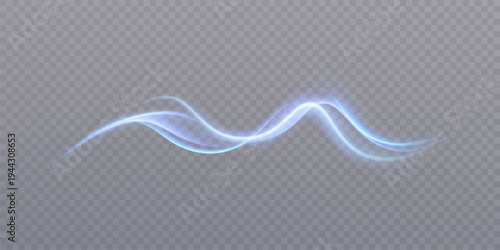 Soft glowing blue light wave with flowing luminous trail on transparent background. Abstract energy line for futuristic overlays, digital banners, elegant interfaces and visual effects.