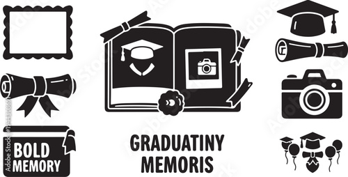 Graduation Memories Icon Set with Black and White Symbols