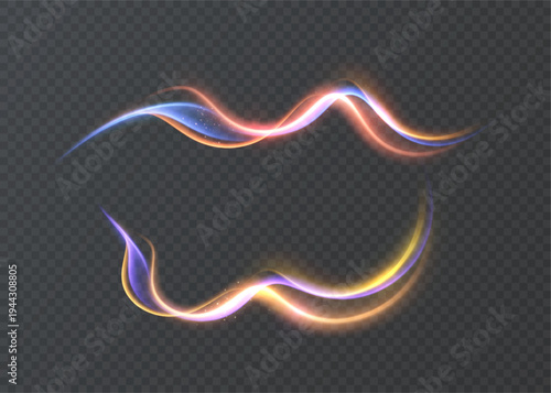 Bright swirling light lines with orange, blue and violet glow for magic, fantasy and energy effects in design and illustrations on transparent background.