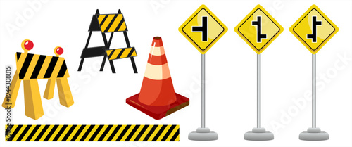 Set of construction site barricades, traffic cones, and road warning signs