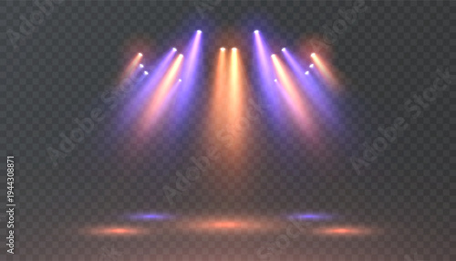 Purple and orange stage spotlights with glowing beams and haze. Abstract vector lighting effect for shows, concerts and scene design.