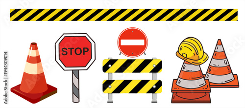 Set of industrial safety signs, traffic cones, and hazard warning tape, vector illustration of construction site security elements isolated on white