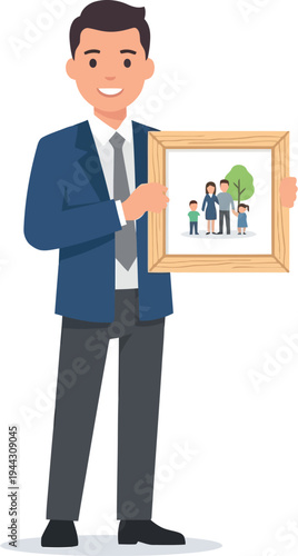 Businessman holding framed family portrait with parents and two children.
