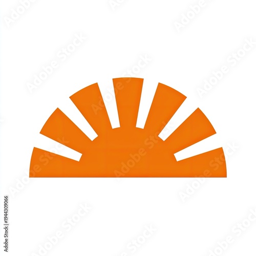 A semi-circular stylized orange shape with vertical white lines creating a sun-like design