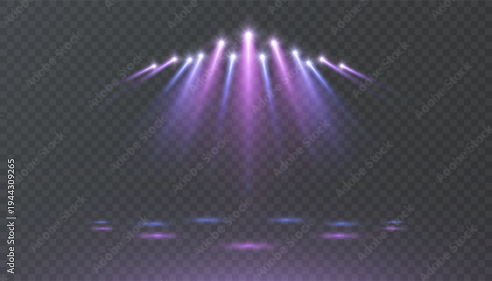 Fototapeta premium Purple stage spotlights with shimmering beams. Abstract vector spotlight lighting for concerts, shows, presentations, and stage design.
