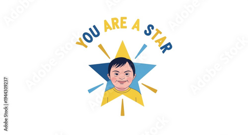 Smiling child face inside yellow and blue star with you are a star text encouragement and motivation concept