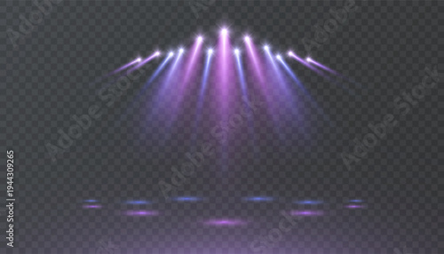 Purple stage spotlights with shimmering beams. Abstract vector spotlight lighting for concerts, shows, presentations, and stage design.