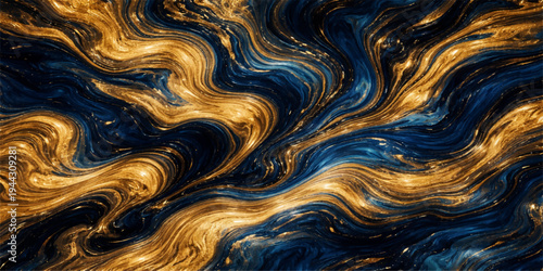 An abstract golden background features a fluid liquid texture with wavy silk patterns and a metallic swirl flow for an elegant wallpaper design