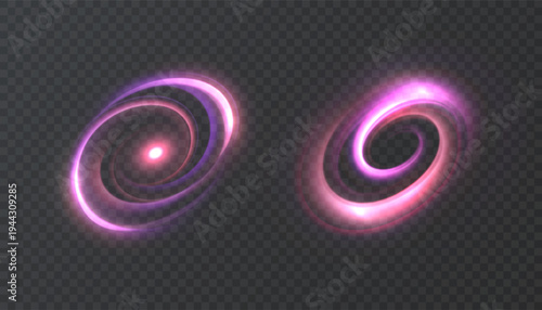 Glowing pink spiral portals with luminous rings and vortex energy. Abstract sci fi vector effect for games and interfaces.
