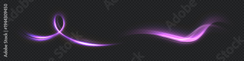 Purple glowing trails and wavy abstract neon swirls on a dark background. Vector.