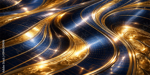 Abstract golden waves dance across a dark blue surface, their curves illuminated in a captivating display of light and shadow, creating a dynamic visual texture.