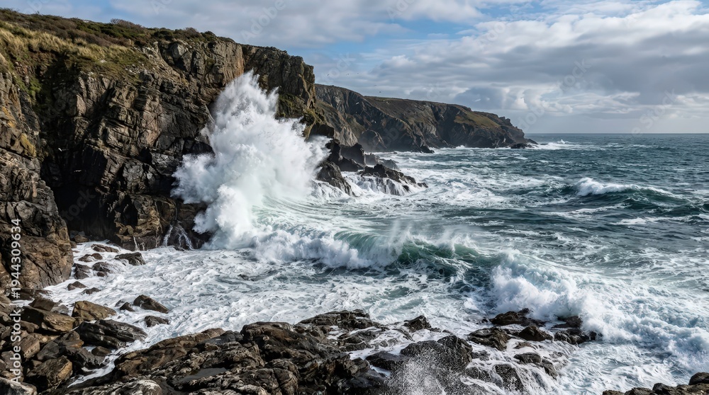 Fototapeta premium Powerful Waves Crash Against Rocky Coastline Under Dramatic Sky and Bright Cloudscape