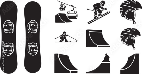 Snowboarding icons and graphics in black and white style